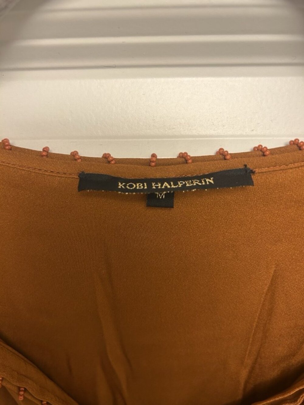 Kobi Halperin Shirt Medium Silk Stretch Beaded Peasant Blouse Burnt Orange Beads - Picture 5 of 16